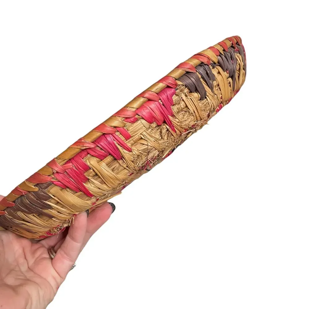 Vintage Woven Raffia Basket Boho Wall Hanging Straw Colorful Round FLAW READ